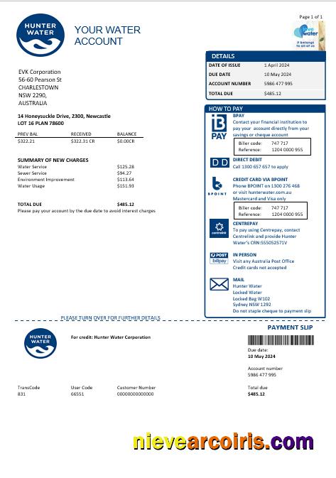 Australia Hunter Water business utility bill